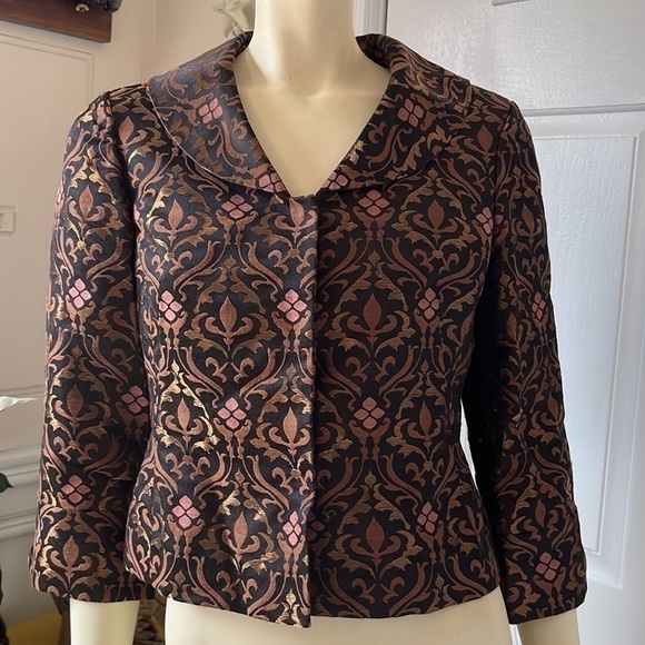 VTG nine west brown & rose gold 90’S brocade jacket removable faux fur trim 4 - Picture 10 of 15